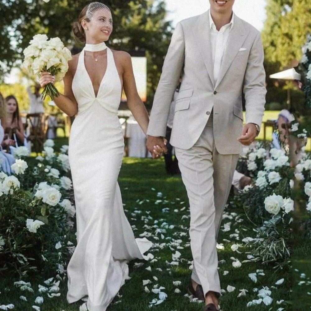 Elegant Sleeveless Mermaid Satin Wedding Dress - V-Neck, Open Back, Sweep Train